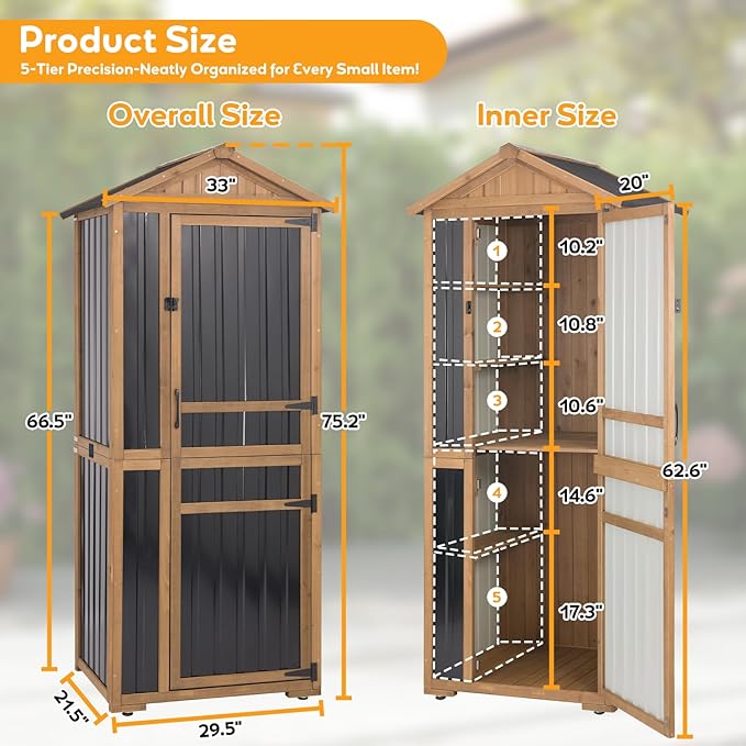Outdoor Storage Cabinet with Lockable Doors, Wood & Metal Garden Shed, Weatherproof Patio Storage with Adjustable Shelf for Tools, Patio & Backyard Organizer