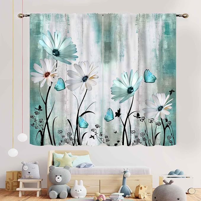 Teal White Daisy Curtains, Farmhouse Modern Flower Retro Floral Spring Butterfly Rural Country Style Turquoise Window Curtains for Living Room Bedroom Kitchen Bathroom 2 Panels, 55"x63" Inch