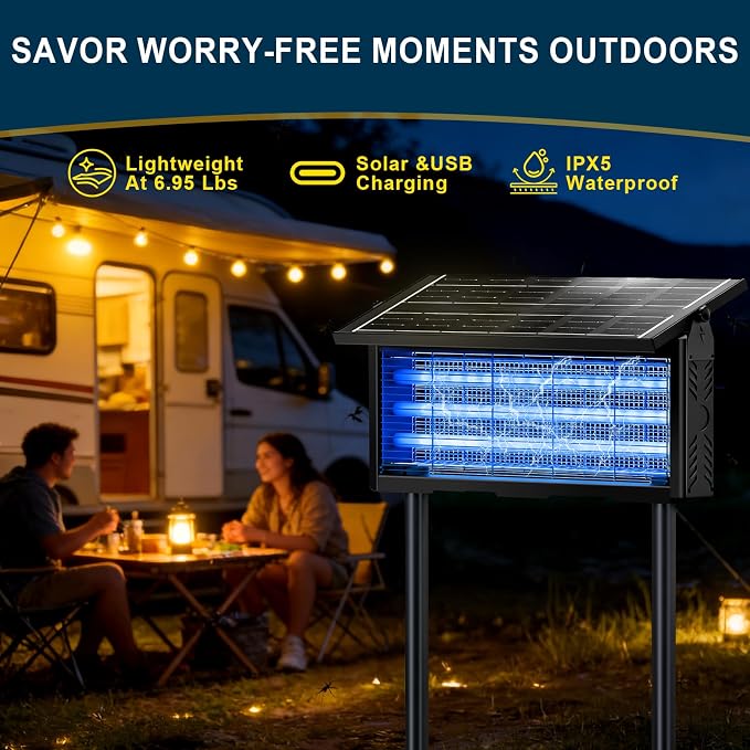 18W Solar Bug Zapper Outdoor | 9600mAh, 365–395nm UV, Dusk-Dawn Sensor, IPX5 Waterproof, 20ft Cord, Indoor & Outdoor for Home, Patio, Garden, Deck, Camping