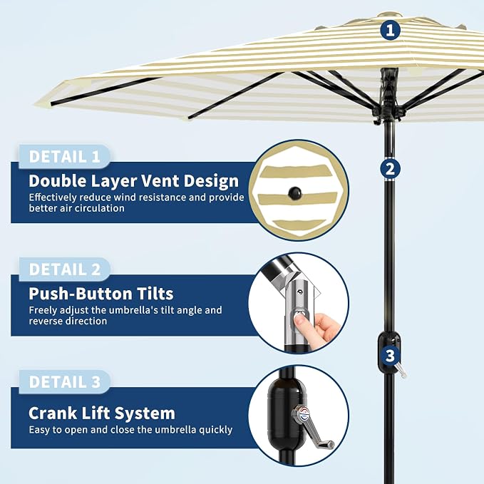 GarveeLife 9FT Patio Umbrella Outdoor, Table Umbrella with Push Button Tilt and Crank, 8 Sturdy Ribs UV Protection Waterproof for Garden, Pool, Market, Deck (Brown & White Stripe)