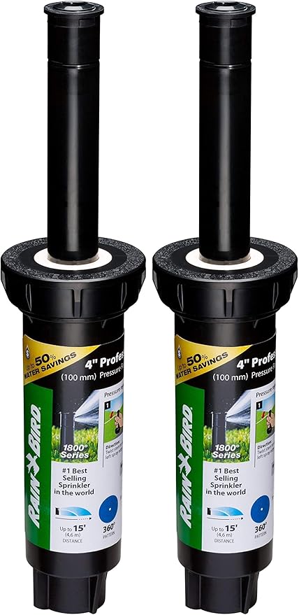 Rain Bird 1804FDSP25 Pressure Regulating (PRS) Professional Dual Spray Pop-Up Sprinkler, 360° Full Circle Pattern, 8' - 15' Spray Distance, 4" Pop-up Height (Pack of 2)