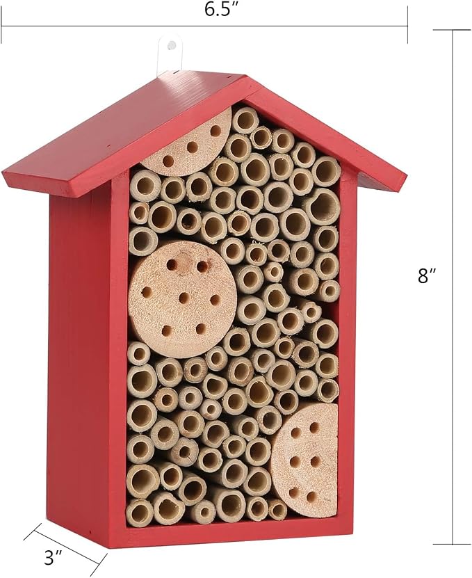 Topadorn Red Wooden Bee House, Natural Bamboo Tube Bee Hotel for Mason Bees, Outdoor Garden Pollinator Shelter with Hanging Ring