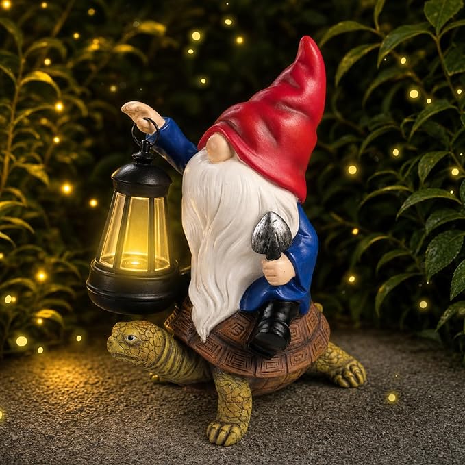 Solar Garden Gnome Statue with LED Lantern, Funny Gnome Riding Turtle Outdoor Decor for Yard Patio Lawn Balcony Porch, Waterproof Resin Gnome Figurine Home Decoration, Gifts for Women Mom Grandma