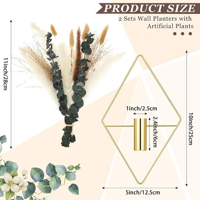Canlierr 4 Pcs Gold Wall Decor Hanging Planters with Artificial Plants Eucalyptus Pampas Grass Metal Hanging Vase Indoor Plants Holder Modern Boho Wall Art for Bathroom Bedroom Living Room Decor