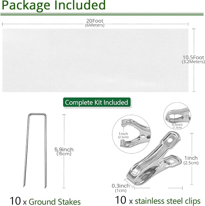 10.5Ft x 20ft Frost Protection Plant Cover – 1.2 oz/yd² Garden Freeze Blanket with Clips & Ground Stakes for Outdoor Winter Plant Protection, Reusable Floating Row Cover for Garden Vegetables