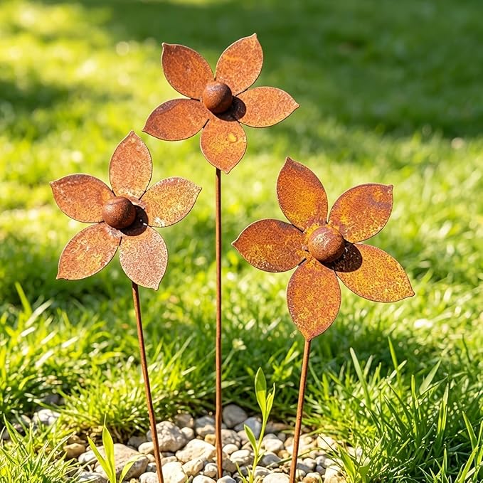 Rustic Metal Coneflower Garden Stakes, Set of 3, Rusted Iron Daisy Yard Art, 12.6x4 Inch, Weather-Resistant Lawn Pathway, Patio Decor (Metallic)