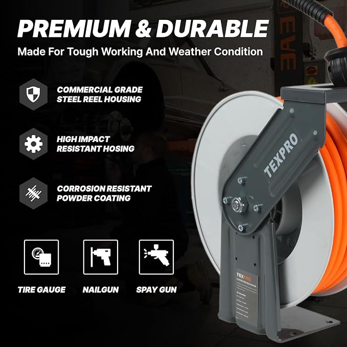 Retractable Air Hose Reel, 3/8 IN x 50FT Hybrid Air Hose Max 300 PSI, Air Compressor Hose Reel with 5 ft Lead in, Ceiling/Wall Mounted Air Hose Reel,Heavy Duty Air Tool