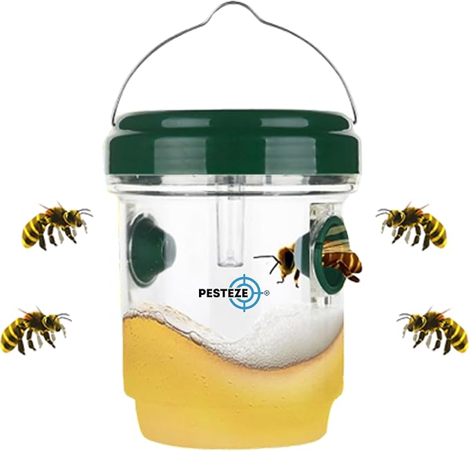 PESTEZE USA Reusable Solar Hanging Wasp Trap with LED Light [Green: 3.5 x 4.4 Inch] Attracts, & Stop Wasp, Hornet, Yellow Jacket & Insect Species 24/7 Without Harsh– Waterproof Outdoor Trap