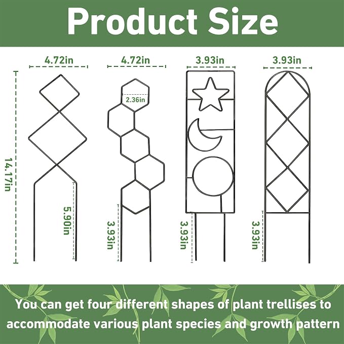 Trellis for Potted Plants, 14.6in Plant Trellis Indoor, Small Houseplant Trellis for Climbing Plants with Ties, Set of 4p Different Shape, Black