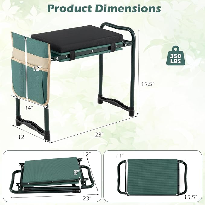 Goplus Foldable Garden Kneeler and Seat, 11" Wide 2-in-1 Gardening Bench, Detachable Thick EVA Foam Pad, 350 lbs Heavy-Duty Metal Frame, Tool Pouch, Portable Stool, Gardening Kit for Seniors (Green)