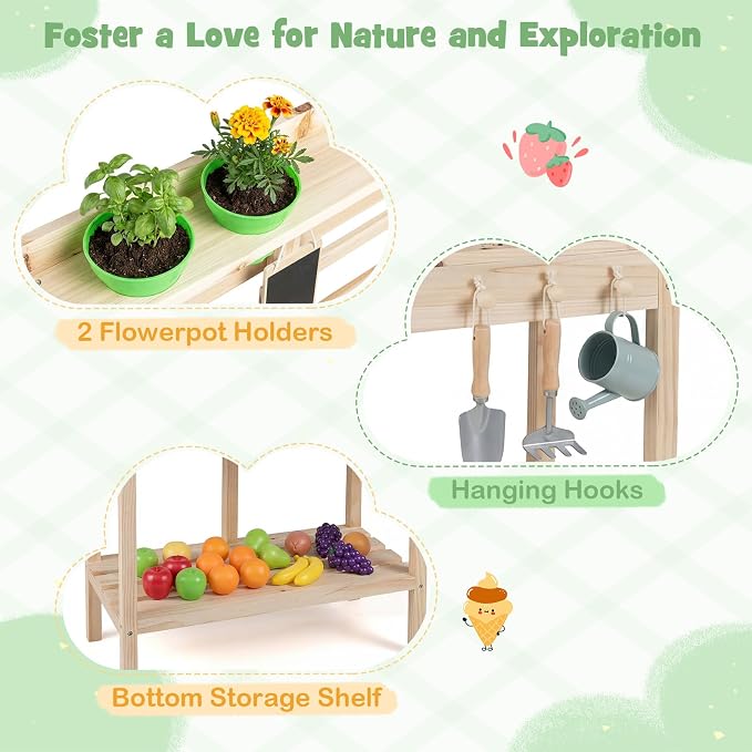 HONEY JOY Mud Kitchen, Fir Wood Mud Table Potting Bench for Kids Outdoor, Chalkboard, Flowerpots, Montessori Outdoor Play Kitchen for Toddlers, Children Backyard Furniture for Garden Patio, Natural