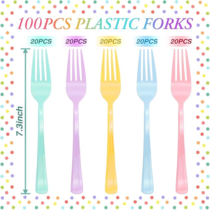 100 Pcs Pastel Plastic Forks, Pastel Plastic Silverware, Heavy Duty Plastic Cutlery Set Disposable Utensils Sets for Brithday, Wedding, Tea Party, Garden Party