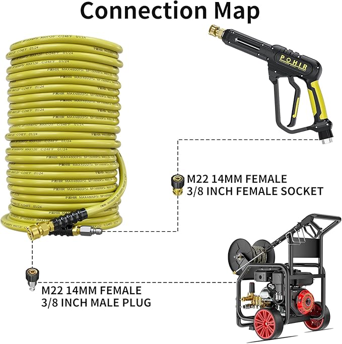 POHIR 100ft Pressure Washer Hose 3/8" 4800 PSI, Power Washer Hose with 3/8 Quick Connect, Hot & Cold Water Hose Max 248°F, Commercial Industrial Grade Steel Wire Braided Kink Proof Extension Hose