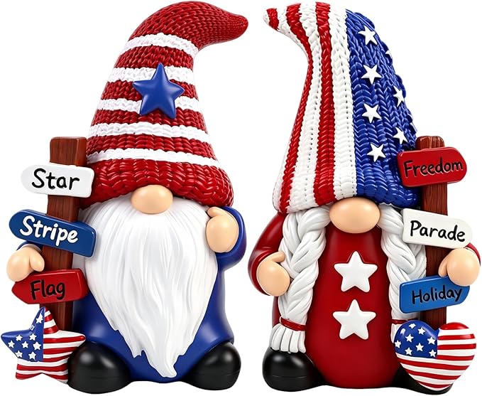 4th of July Gnome Decorations for Home 2 PCY Patriotic Desk Figurines Indoor Resin Collectible Statue Cute Holiday Ornament for Table Home