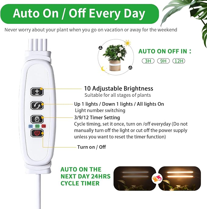 Two Strip Growing Lamp 2-Pack for Indoor Plants, 3500K Full Spectrum LED Grow Light Strips with Auto ON/Off 3/9/12H Timer & 10 Dimmable Levels for Green House Succulent (2 Head×2 Pack)