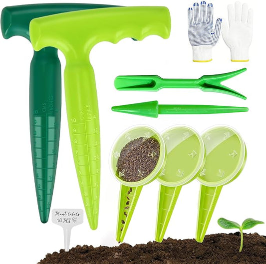 17Pcs Seed Planter Tool with 5-Hole Seed Dispenser & 6.9" Dibber & Succulent Tools Set, Plastic Planting Tools for Sowing, Bulbs, Seedlings-Includes Planting Labels