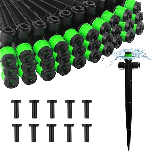 Kalolary Drip Irrigation Emitters, 30pcs Adjustable 360 Degree Water Flow Emitters for 1/4" Tubing, Two-Way Connection Irrigation Drippers for Garden, Lawn, and Greenhouse Watering Systems(Green)