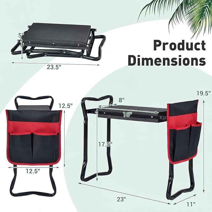 Giantex Garden Kneeler & Seat, Folding Gardening Stool, Portable Garden Bench with EVA Foam Pad, Heavy-Duty Metal Frame, Gardening Tool for Women Men Seniors, Holds 330 LBS, Black (with 1 Bags)