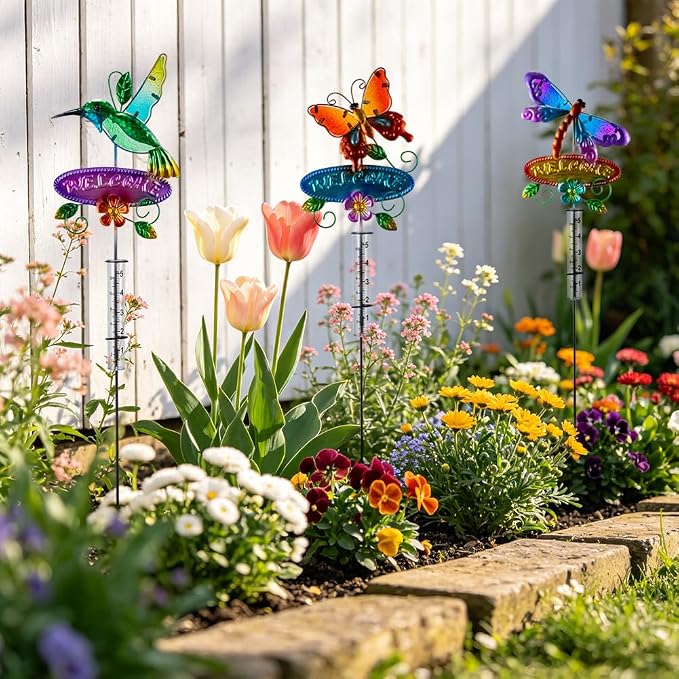 Rain Gauge Outdoor, 3 Pcs Hummingbird & Dragonfly & Butterfly Rain Gauges with 5" Plastic Tube, Decorative Garden Stakes with Welcome Sign for Spring Yard Patio Decor