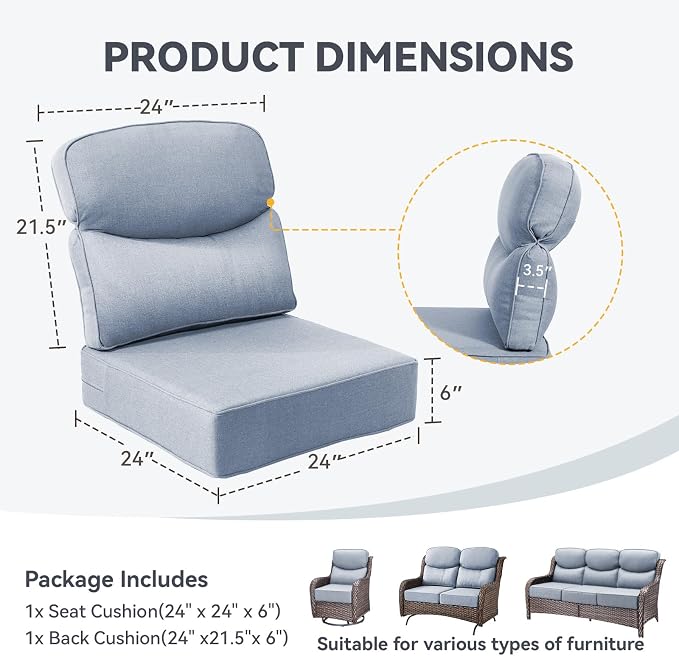 Luxury 6-Inch Outdoor Chair Cushions - 24"* 24" Patio Furniture Cushions with Dual Layer Back Support & Removable Cover, 28D High Density Sponge Patio Cushion for Outdoor Furniture Couch Baby Blue