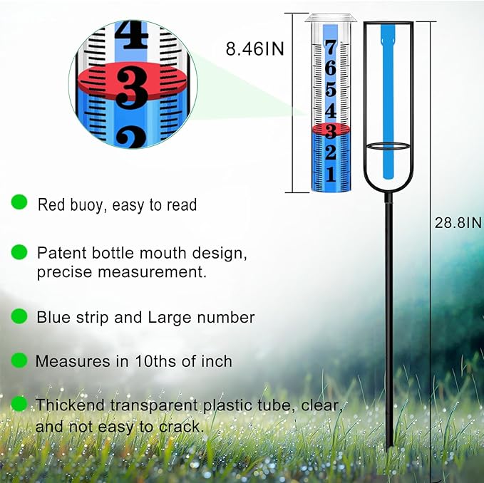 Rain Gauge Outdoor, Rain Gauges Outdoors Best Rated, Accurate Rain Measure Gauge for Garden, Thickened Tube Rain Meter with Stake, Adjustable Height & Large Font Water Gauge for Rain, Easy to Read