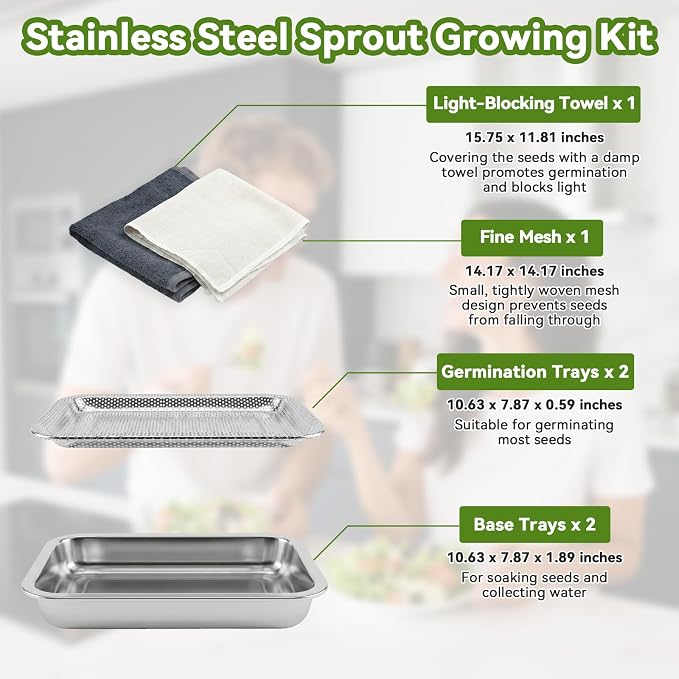 2-Pack Stainless Steel Seed Sprouting Tray Kit, Soil-Free Microgreens Growing Kit with Towel & Gauze, Sprouting Trays for Microgreens Beans Alfalfa Broccoli Wheat Grass (12.6" x 8.6")