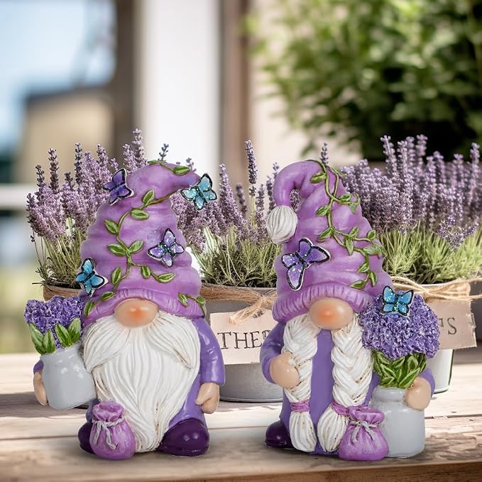Hodao 2 Pcs Lavender Gnome Set – Spring & Summer Swedish Tomte Elf Figurines for Indoor Home Decor, Tiered Trays, Patios, Gardens for Mom, Grandma, Friends, Seasonal Decorations
