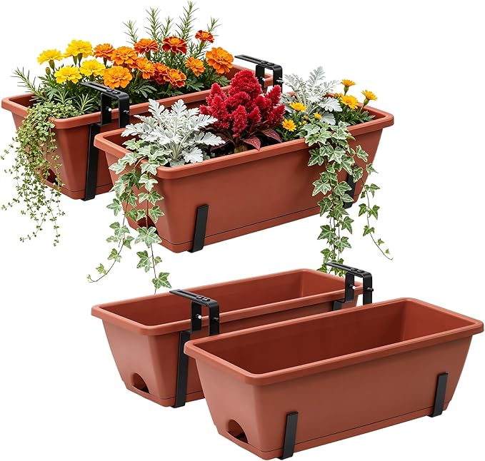 Sunexinlo 4-Pack Railing Planter Boxes with Double-Sided Adjustable Brackets, Plastic Rectangular Flower Boxes with Drainage Holes and Trays for Outdoor Balcony, Deck, Patio, Porch, Fence, Brick Red
