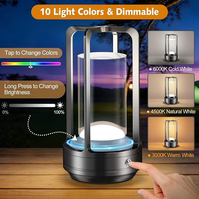 Portable Table Lamp for Outdoor Indoor: Cordless Rechargeable Desk Lamp with 10 Colors - Shower Lamp with Stepless Dimmable - Metal Battery Operated Lantern Light for Bedroom/Bar/Coffee Shop/Camping