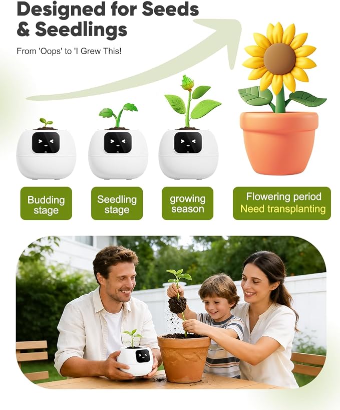Smart Plant Pot with Emotion Display, Touchscreen & No App Needed, Auto Self-Watering with Alarm Clock & Plant Monitor, Unique Birthday Gift for Women, Plant Lovers & Housewarming