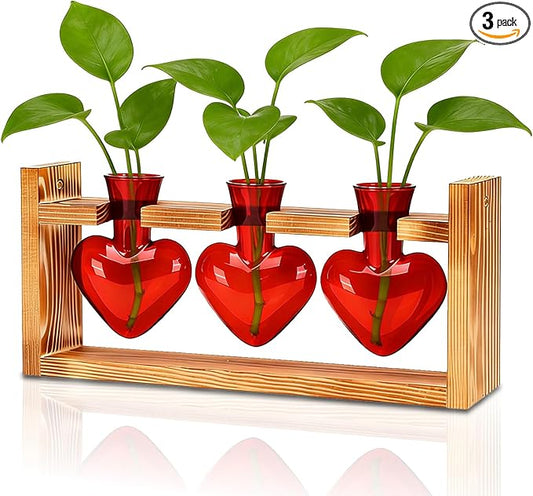 Nacome Plant Terrarium Propagation Stations: Mothers Day Gifts for Mom Plant Lovers Women Wife Daughter - 3 Bulb Glass Vase with Wooden Stand Tabletop for Hydroponics Garden Home Wall Decor(Red)