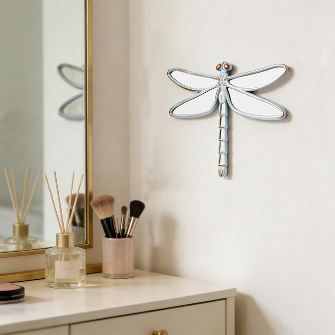 Decorative Dragonfly Wall Mirror, Plastic Frame with Mirrored Wings (12.4 x 9.3 inches) (White)