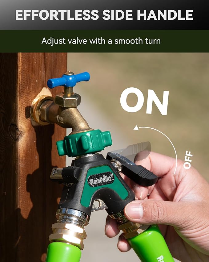 RAINPOINT Garden Hose Splitter 2 Way, All Metal Heavy Duty Water Hose Y Splitter With 2.05" Extra Long Side Handle & Shut Off Valves, 3/4 Inch GHT Thread Connector For Spigot Faucet (Dark Green,2)