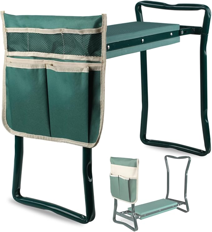 Garden Kneeler and Seat with EVA Foam Pad - Sturdy & Lightweight Foldable Gardening Bench Stool with Tool Bag Pouch, Practical Outdoor Kneeling and Sitting Tool (Green)