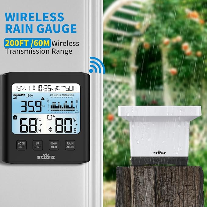 Wireless Rain Gauge Outdoor with Self-Emptying, Backlight, Thermometer, Rain Collector Monitoring Rainfall, Digital Rain Gauge for Yard, Electronic Rain Measure Gauge, Freeze Proof Rainfall Measurer