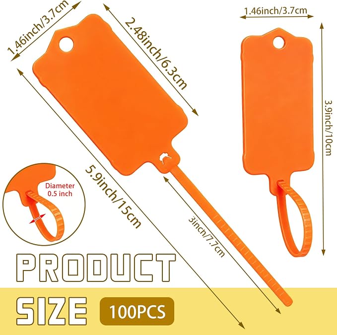 LeonBach 100 PCS Plastic Shipping Tags, 1.46" x 2.48", Waterproof Labels Writable Hanging Tag with Sealing Strap, Shipping Cable Tie Label Tags for Keys Luggage Logistic Retail Inventory(Orange)