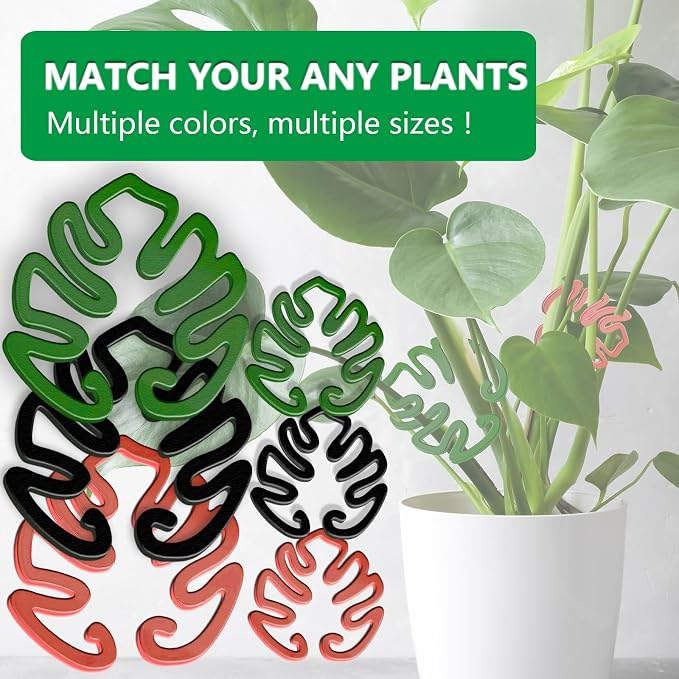 2PACKS Unique & Aesthetic Monstera Leaf Shape Grapple Plant Support, Grappler Rings, Plant Support Monstera with Ties, Keeps Plants Tame & Growing Vertical (Black)