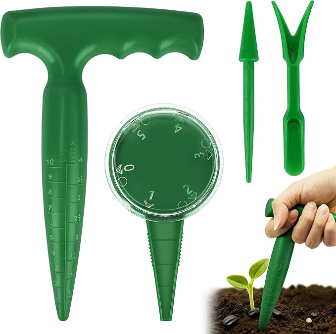 Seed Planter Tool, T-Handle Seed Dibber with Scale, Seed Dispenser with 5 Adjustable Holes, Seedling Transplanter, Mini Planting Dibber for Trays, Raised Bed, Balcony Garden (Dark Green 4PCS)