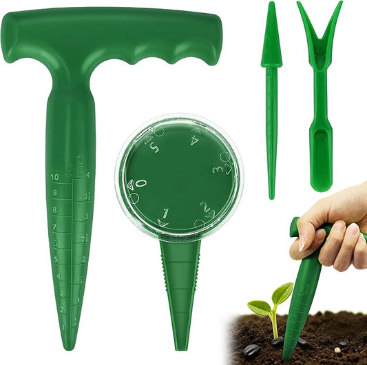 Seed Planter Tool, T-Handle Seed Dibber with Scale, Seed Dispenser with 5 Adjustable Holes, Seedling Transplanter, Mini Planting Dibber for Trays, Raised Bed, Balcony Garden (Dark Green 4PCS)