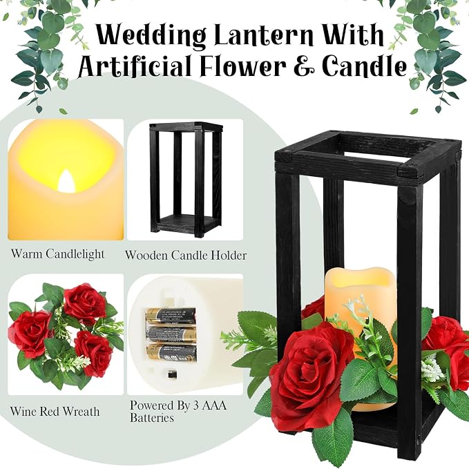 Hushee 30 Pcs Integrated Wedding Lantern Centerpiece Rustic Wooden Holder with Candles and Rings Farmhouse Candle Lantern Decor for Home Valentine Wedding Party Table Decor (Black and Red)