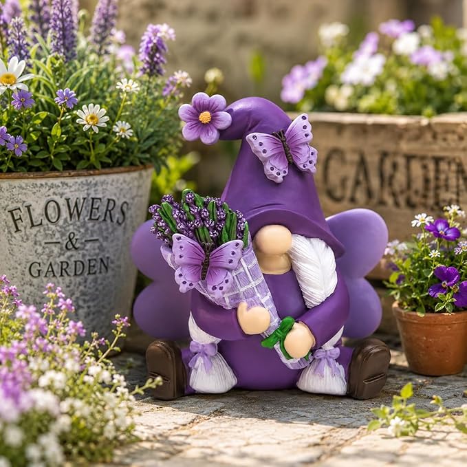 Lavender Gnome Spring Summer Decor, Fairy Garden Gnome with Butterfly & Lavender Bouquet, Purple Gifts for Women Yard Porch Flower Bed Decor