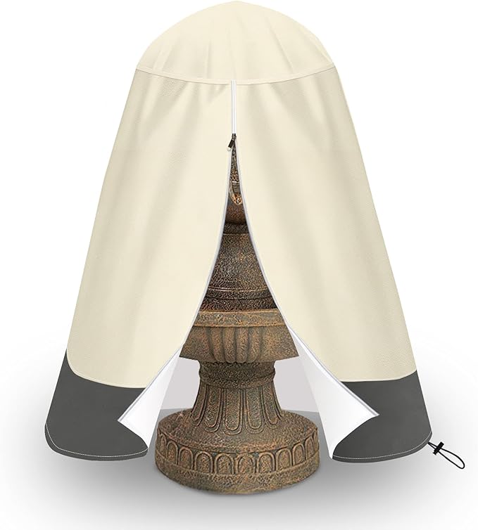 SOKINGCOVER Fountain Cover 48"x68" Heavy Duty 420D Waterproof with Zipper Access & Drawstring — Large Outdoor 3-Tier Garden Fountain Cover for Winter Freeze Protection, UV & Water Resistant
