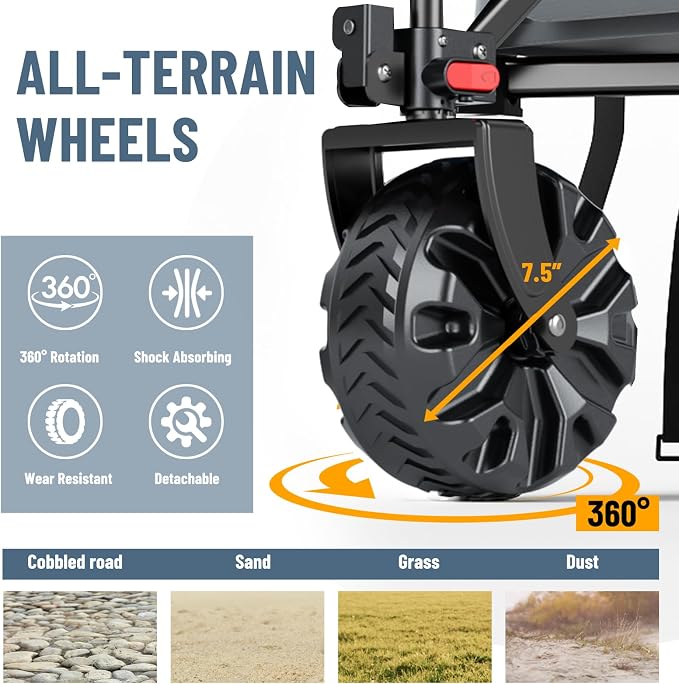 Timber Ridge Foldable Wagon 350L Extendable Height, Large Capasity Collapsible Wagon Cart with All Terrians Detachable Wheels, Compact Folding Utility Wagon for Camping, Fishing, Shopping Grey