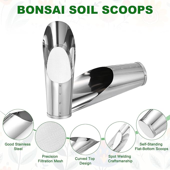 M METERXITY 1-Set Bonsai Soil Scoops, 2.4inch/6cm Stainless Steel Garden Soil Scoop Bucket Shovels and Soil Sifter for Transplanting/Flower Planting, Small Gardening Tools [Silver Tone]