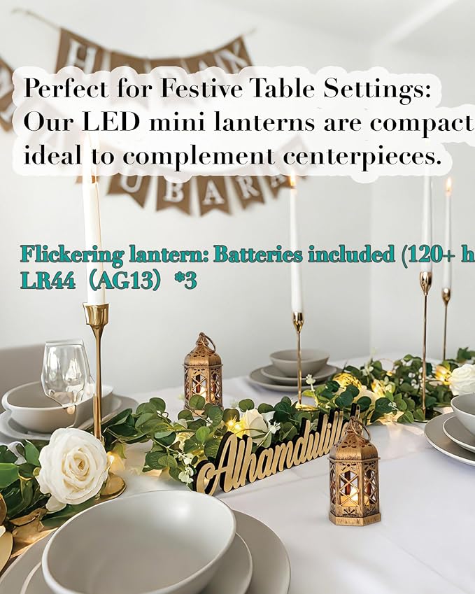 12-Pack Mini Lanterns for Ramadan, Small Decorative Lanterns with Flickering LED Candles for Wedding & Festivals, Hanging Moroccan Lantern for Table Centerpiece, Baby Shower Decor, Bronze