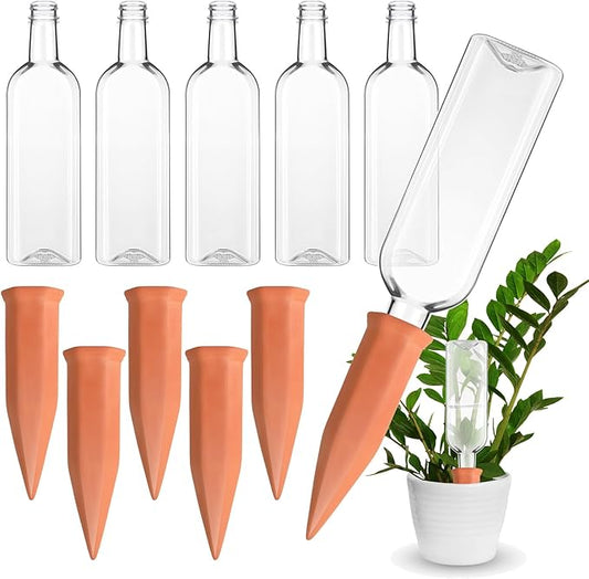 Ziliny 6 Sets Plant Watering Devices 6 Pcs Self Watering Spikes 6 Pcs 25 oz Plastic Bottles Slow Release Automatic Waterer Empty Liquor Bottles Terracotta Spikes for Vacation Plant (Ceramic Color)