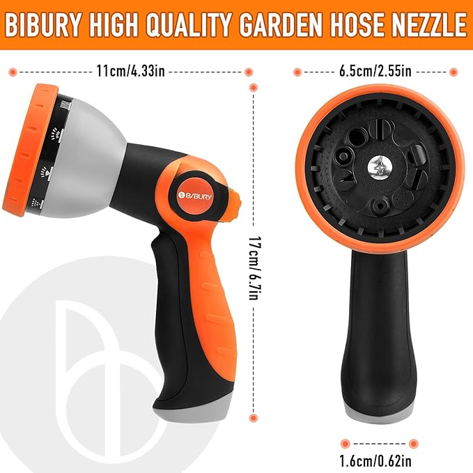 Water Hose Nozzle Sprayer, BIBURY Hand Sprayer with 10 Spray Patterns and On Off Valve Thumb Control, High Pressure Garden Hose Spray Nozzle for Watering Plants, Cleaning, Car Wash and Showering Pets