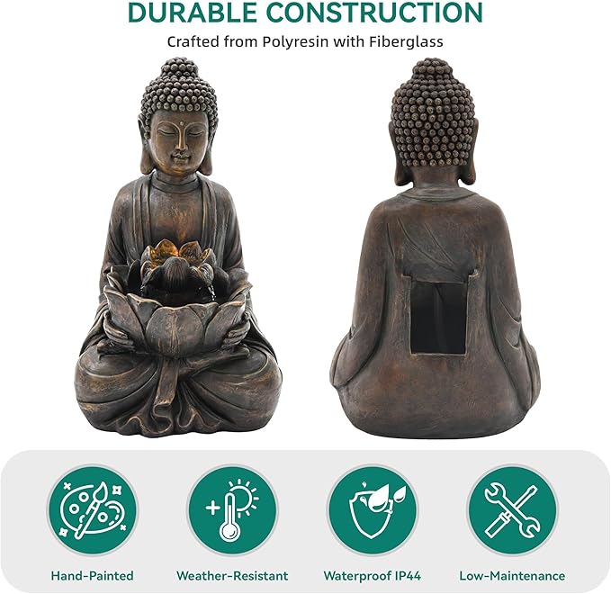 29" Outdoor Fountain, Zen Meditating Buddha Water Feature with LED Lights, Resin Lotus Soothing Cascading Waterfall for Patio, Backyard, Garden or Porch