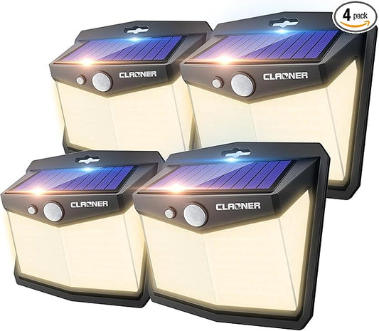 CLAONER Solar Lights Outdoor, [128 LED/4 Packs] Solar Motion Sensor Lights 3 Working Modes Outdoor Lights with 270° Wide Angle Wireless IP65 Waterproof Solar Security Light for Fence Patio, Warm White