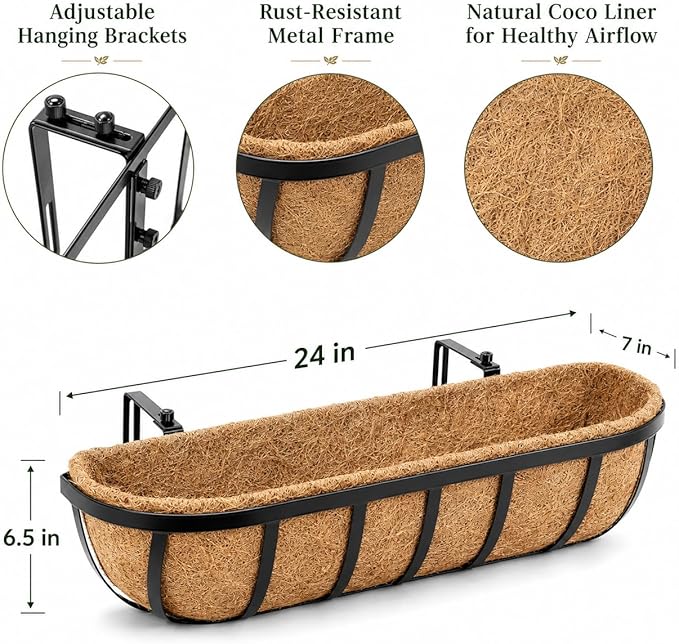 Y&M 2pcs 24 Inch Window Deck with Coco Liner, 24" Window Boxes Horse Trough with Coconut Coir Liner, Black Metal Hanging Flower Planter Window Basket Deck Railing Planter Boxes for Outdoor Indoor